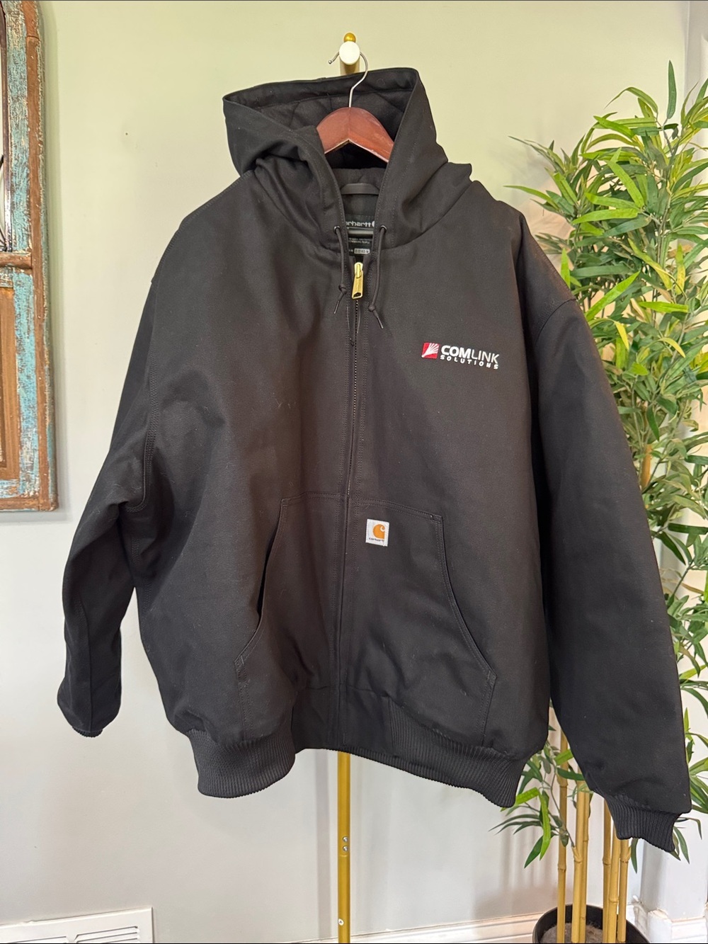 Carhartt Black Hooded Zip-Up Work Jacket with Comlink  Logo NWOT